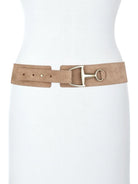 Beige suede belt with gold-tone equestrian buckle.