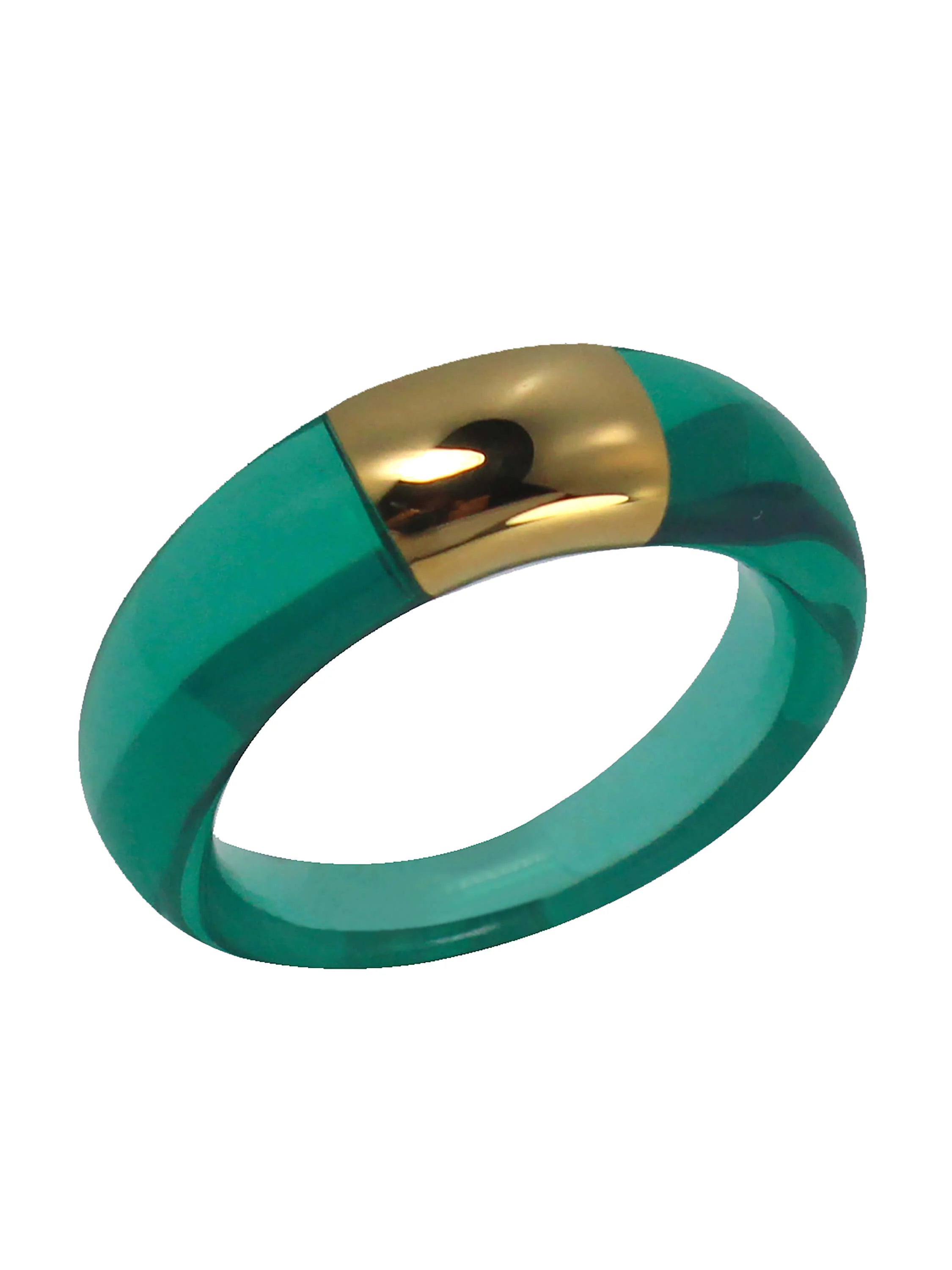 Thick, translucent green resin band ring with a wide, polished gold-tone insert across the top.