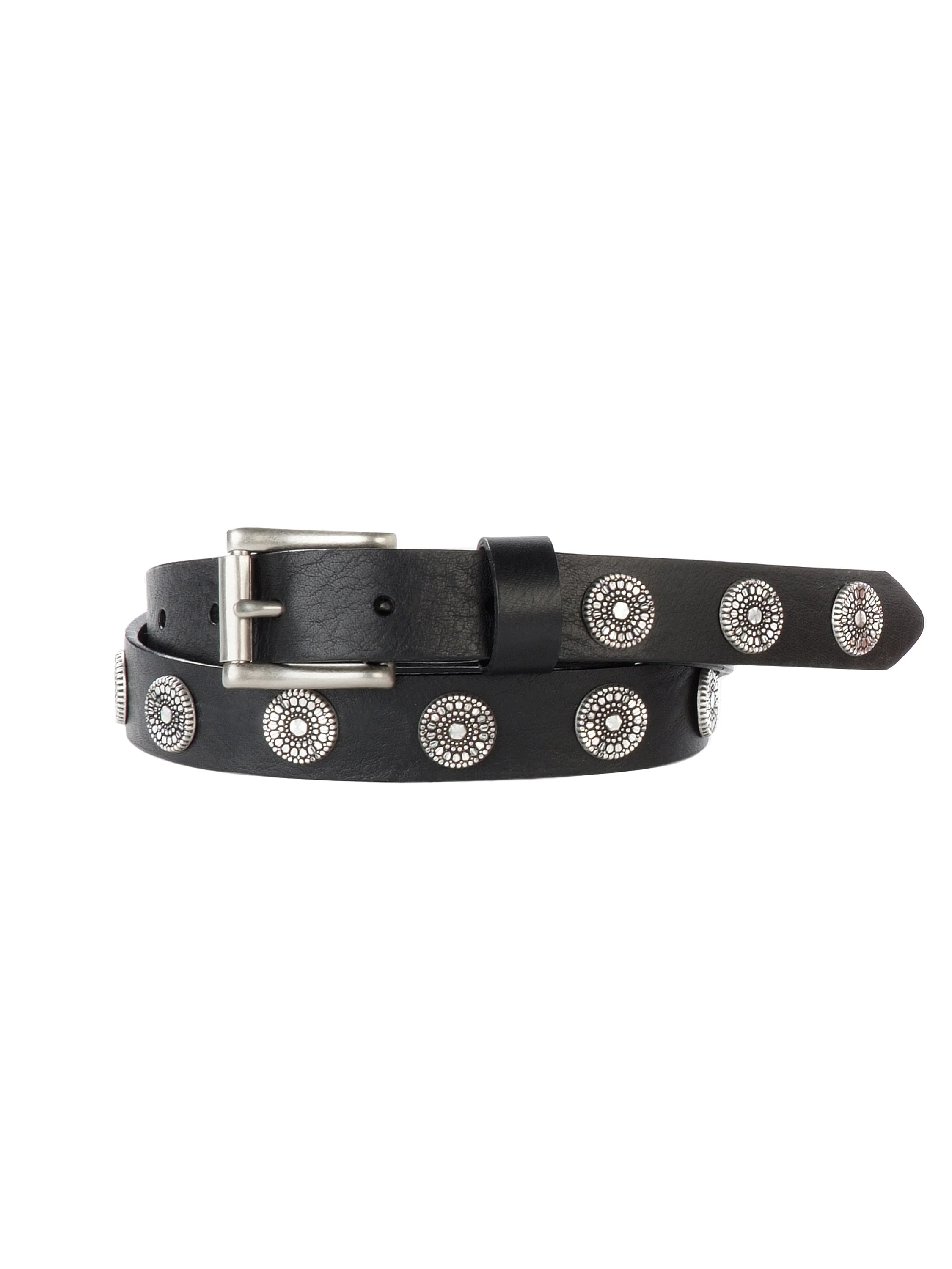Black leather belt with silver-toned buckle and circular decorative studs.