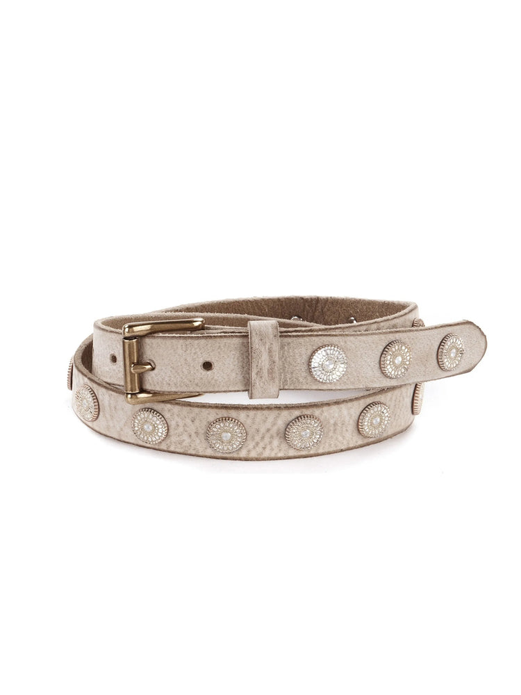 Beige leather belt with gold buckle and circular, sparkly embellishments.