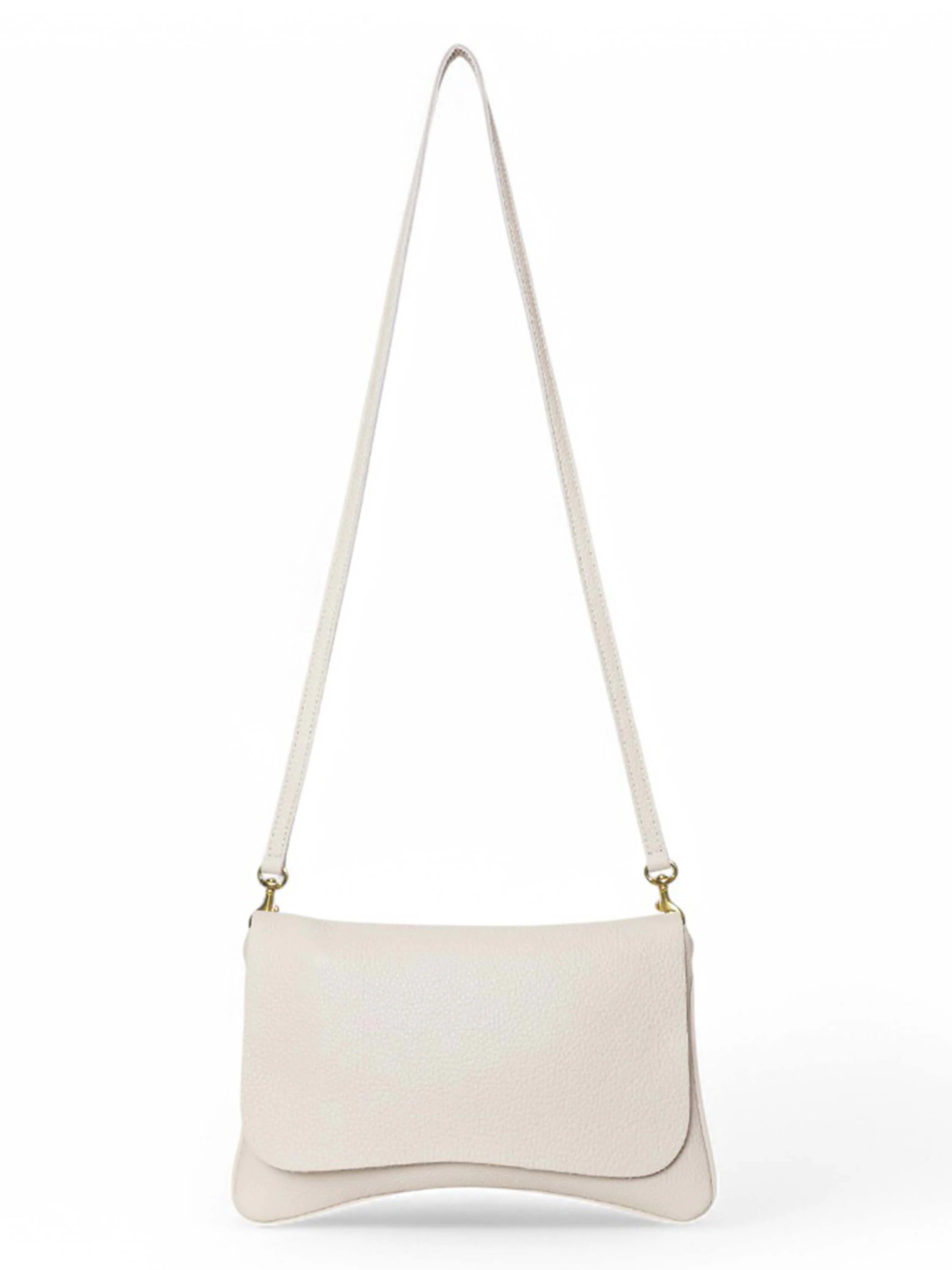 Off-white leather crossbody bag with long strap and gold clasps.
