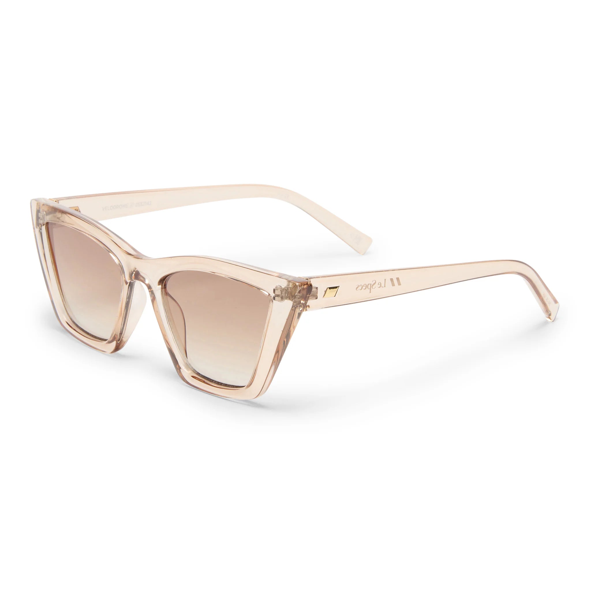 Translucent light brown cat-eye sunglasses with brown gradient lenses and gold accents.