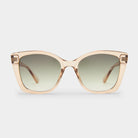 These square sunglasses feature transparent peach acetate frames with green gradient lenses for a stylish, oversized look.