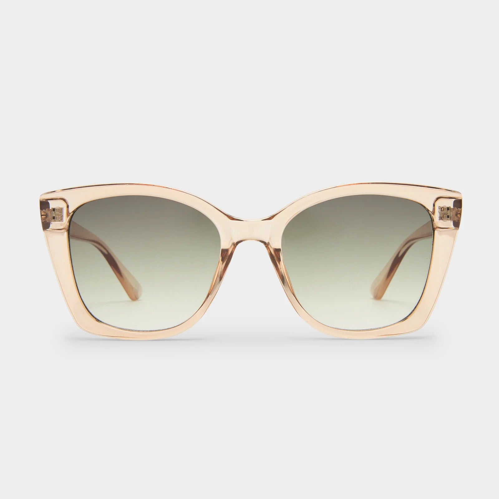 These square sunglasses feature transparent peach acetate frames with green gradient lenses for a stylish, oversized look.
