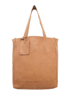 Light brown leather tote bag with a front pocket and small attached tag.