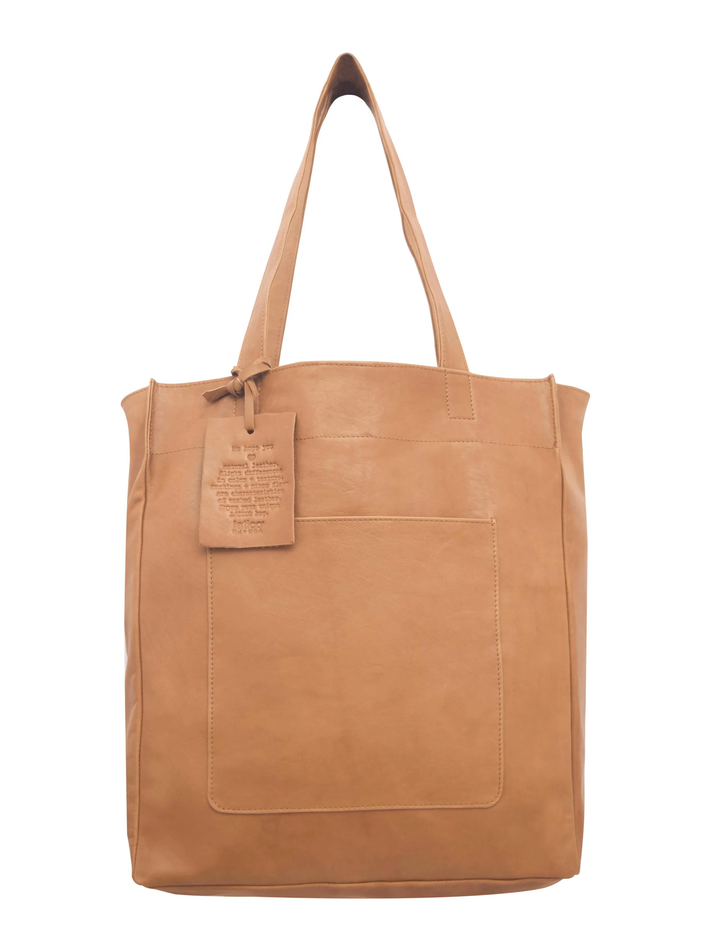 Light brown leather tote bag with a front pocket and small attached tag.