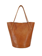 Light brown leather tote bag with two shoulder straps.