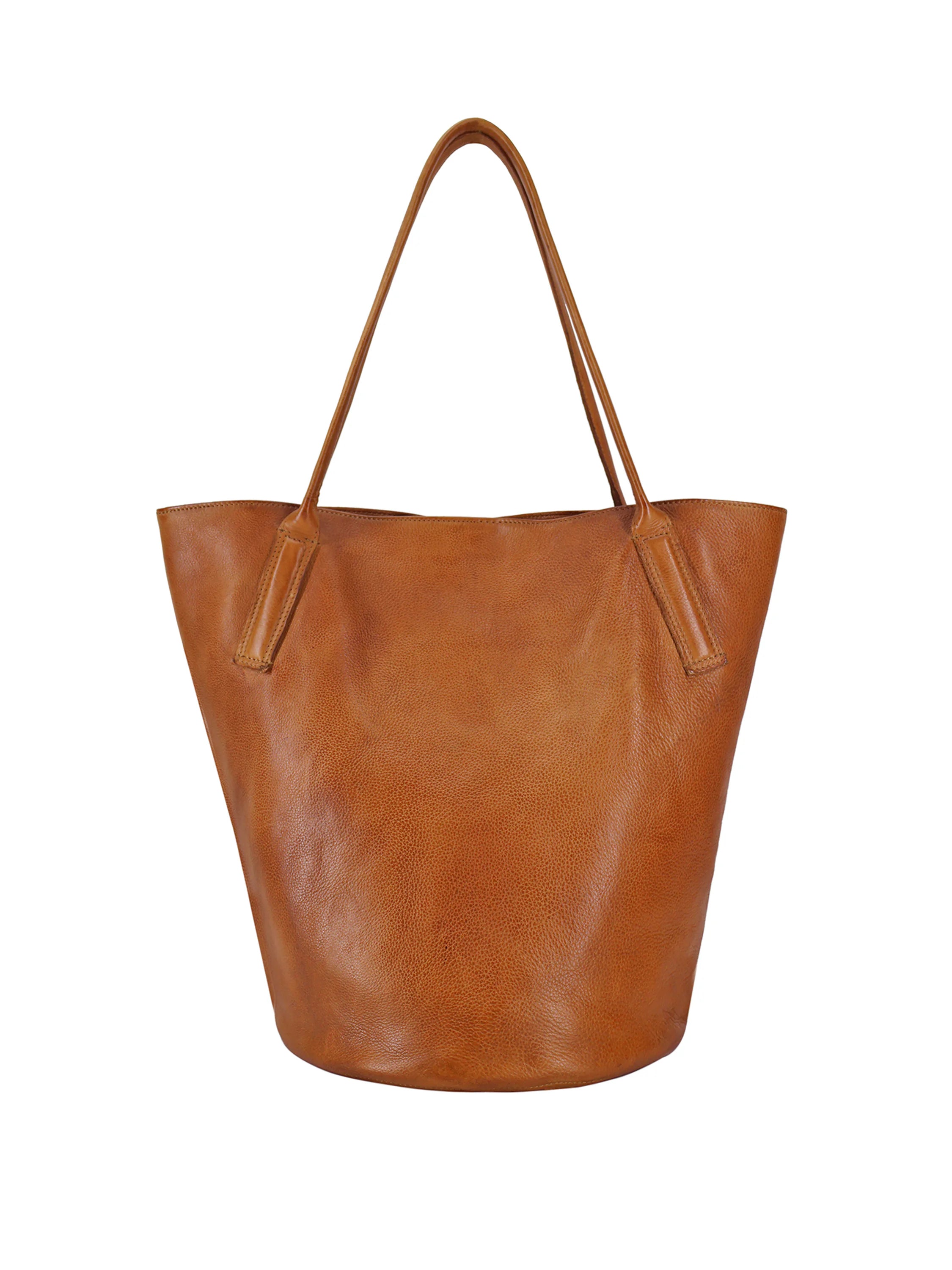 Light brown leather tote bag with two shoulder straps.