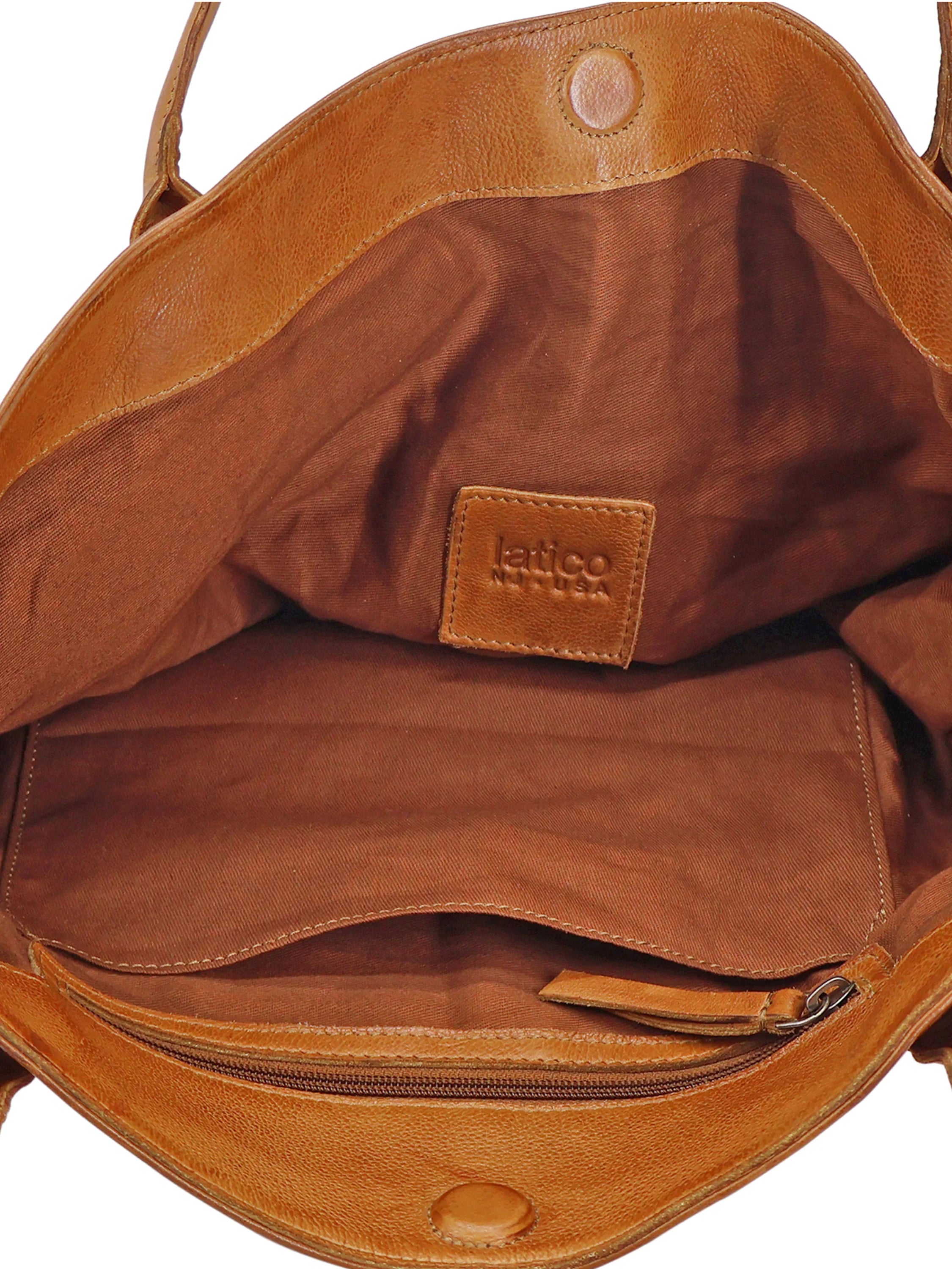 Brown leather tote bag, tan interior lining, zippered pocket, small leather brand label.