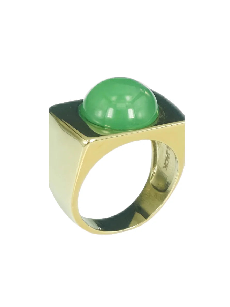 Square gold ring with a domed green stone.
