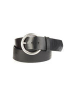 Black leather belt with a silver circular buckle.
