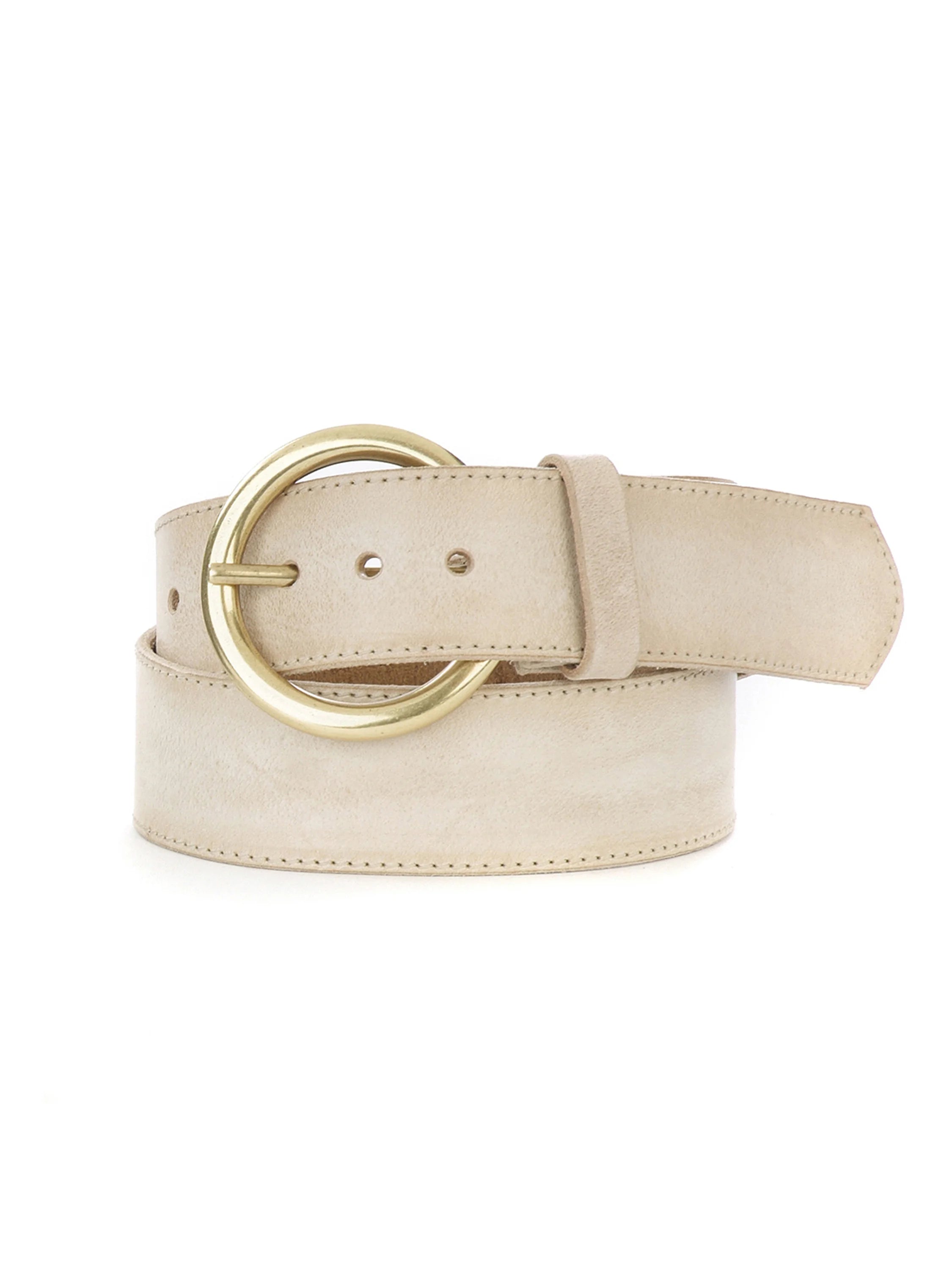 Off-white leather belt with a gold circular buckle.