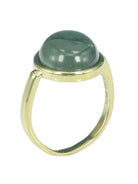 Polished gold ring with a large, round, deep teal cabochon stone set in a gold bezel.