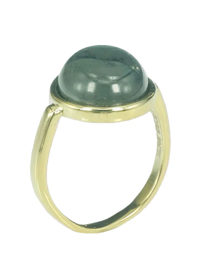 Polished gold ring with a large, round, deep teal cabochon stone set in a gold bezel.