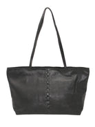 Black leather tote bag with braided detail down the center.  Two shoulder straps.