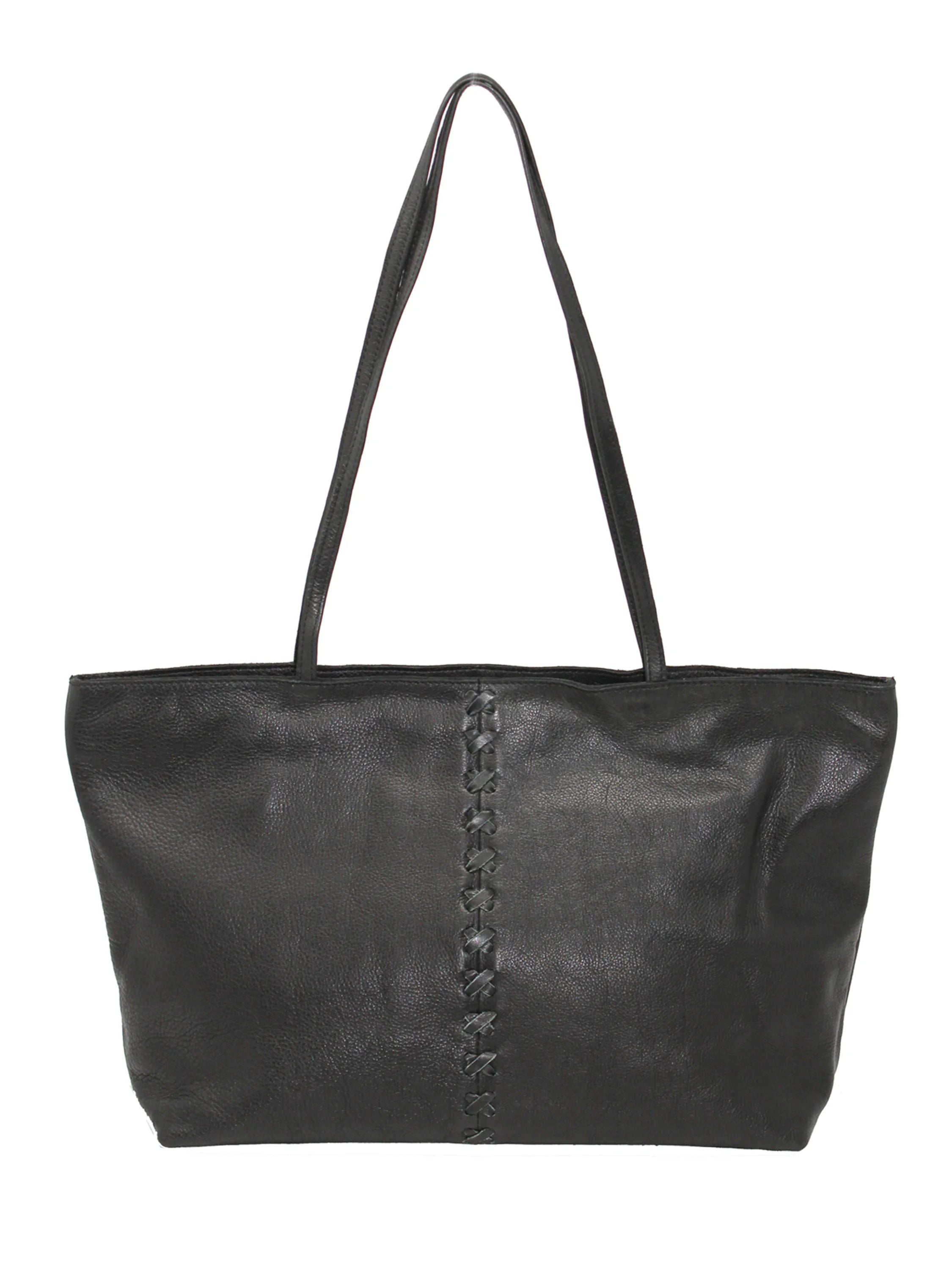 Black leather tote bag with braided detail down the center.  Two shoulder straps.