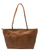 Brown leather tote bag with top handles and a central braided detail.  Zip closure.