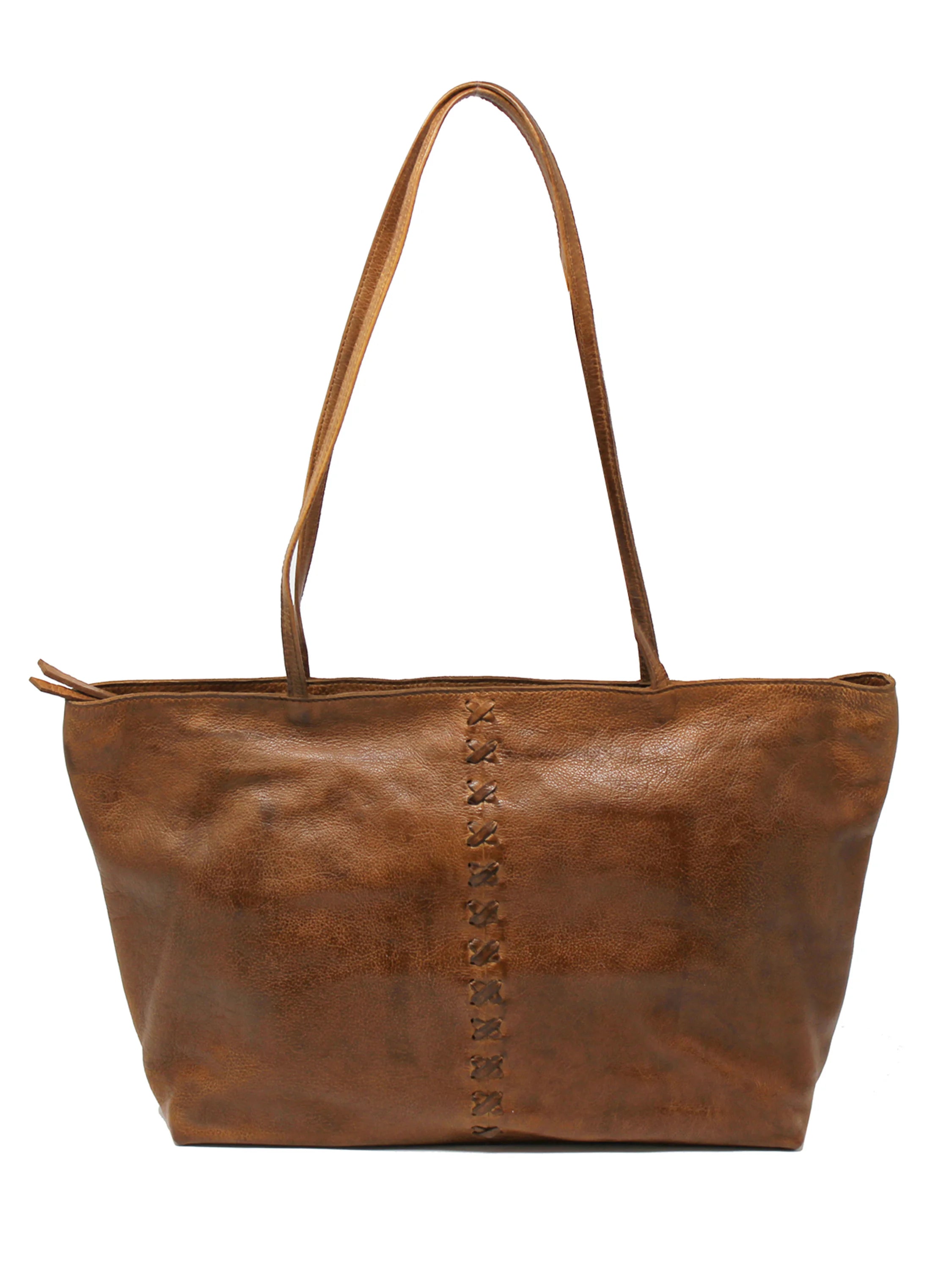 Brown leather tote bag with top handles and a central braided detail.  Zip closure.