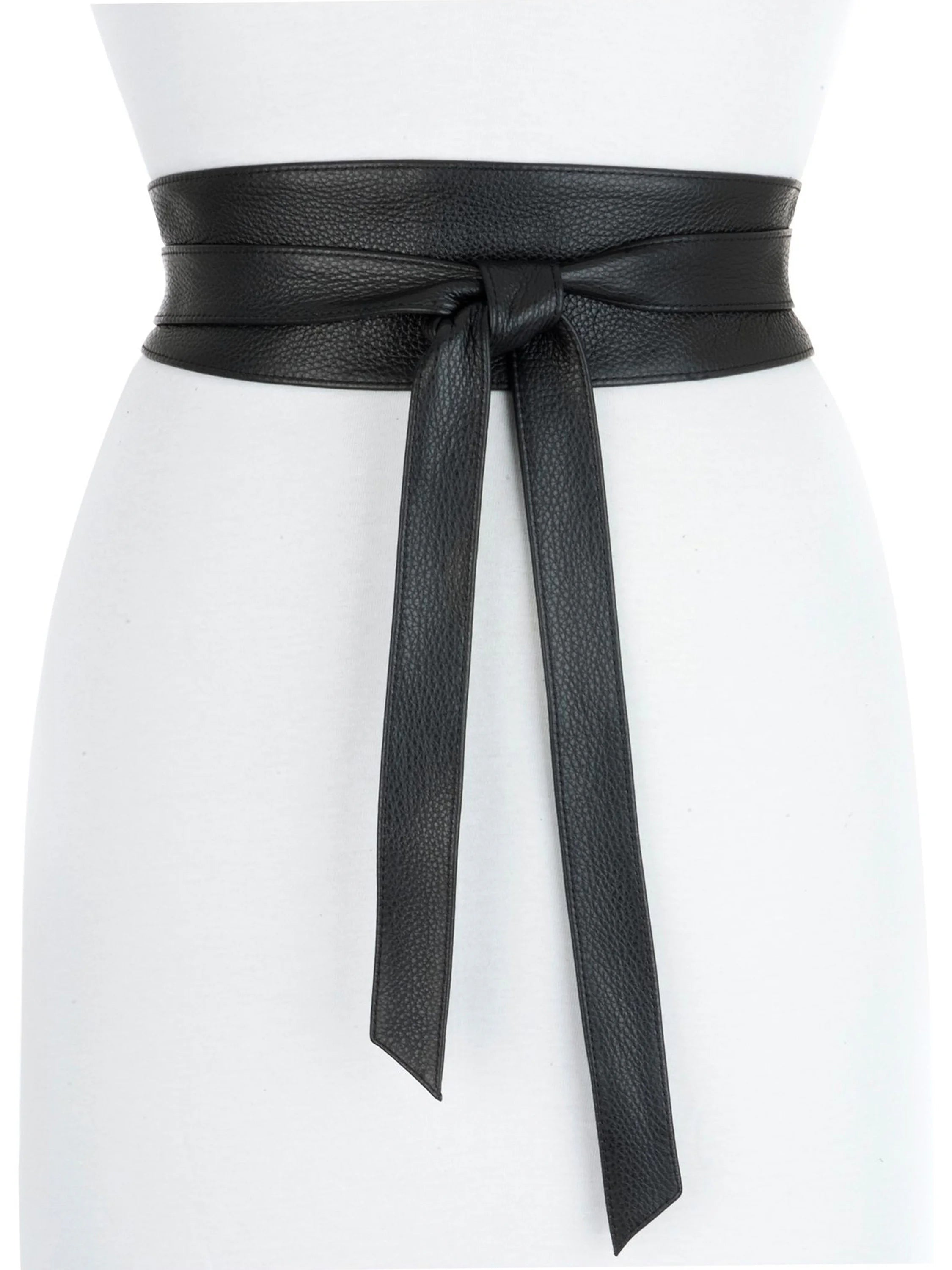 Black leather belt, wide band, tied in a bow at the front.  The belt is shown on a white background.