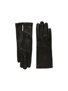 A pair of black gloves. The left glove shows a cuff slit revealing a light-colored lining.