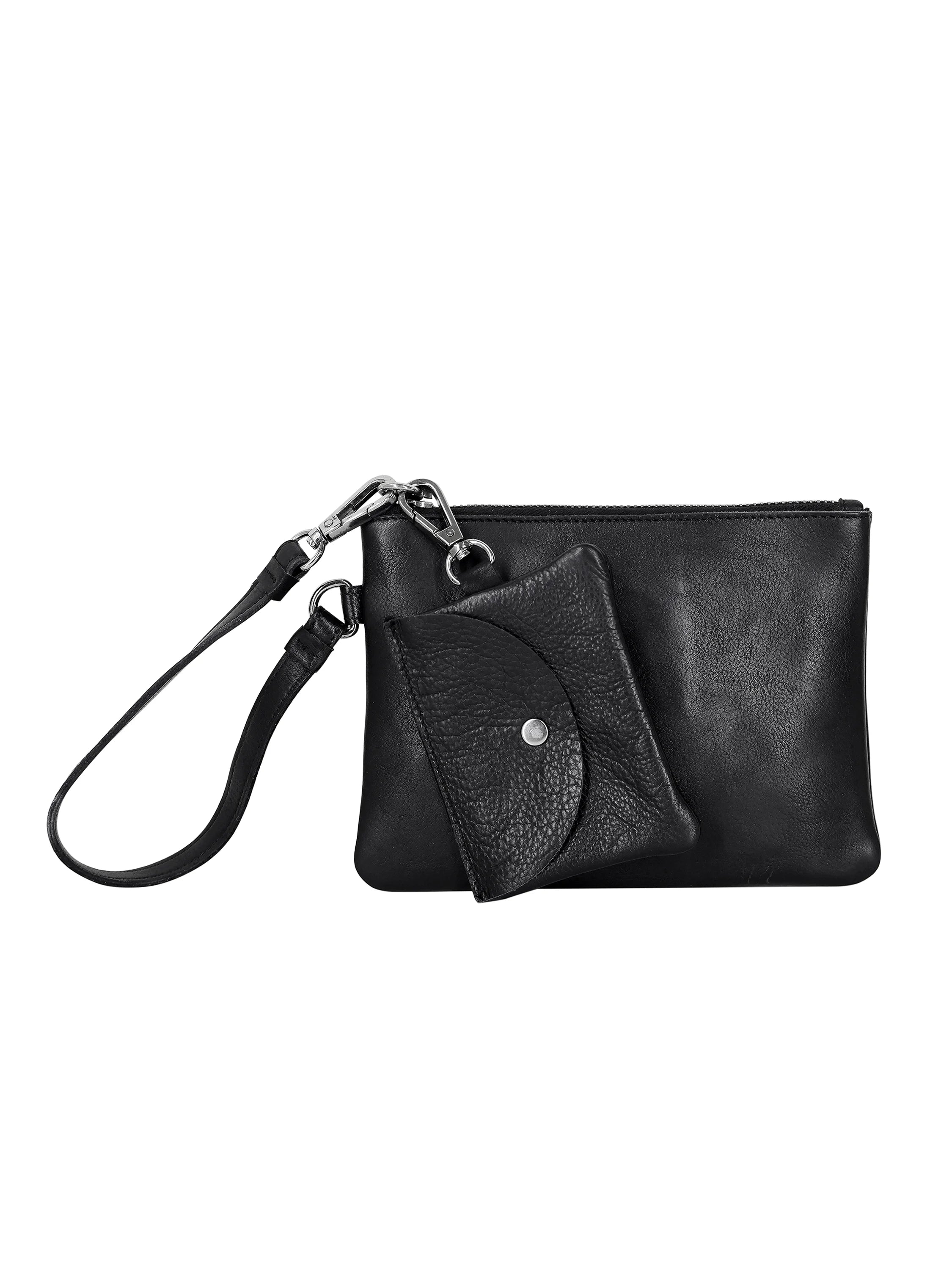 Black leather pouch with wrist strap and smaller attached pouch; silver hardware.