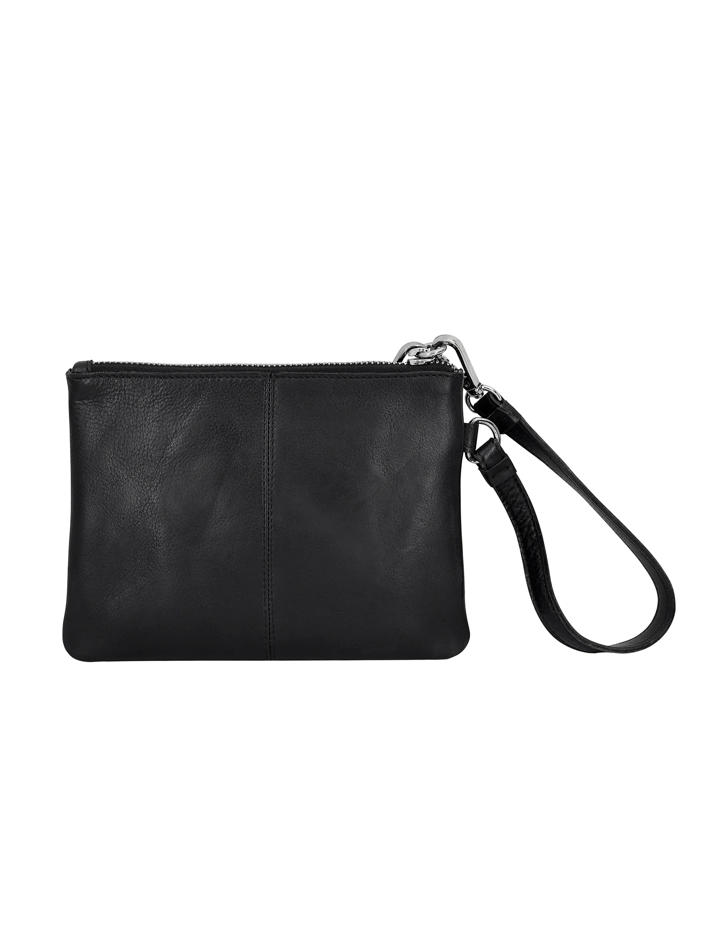 Black leather pouch with silver zipper and wrist strap.