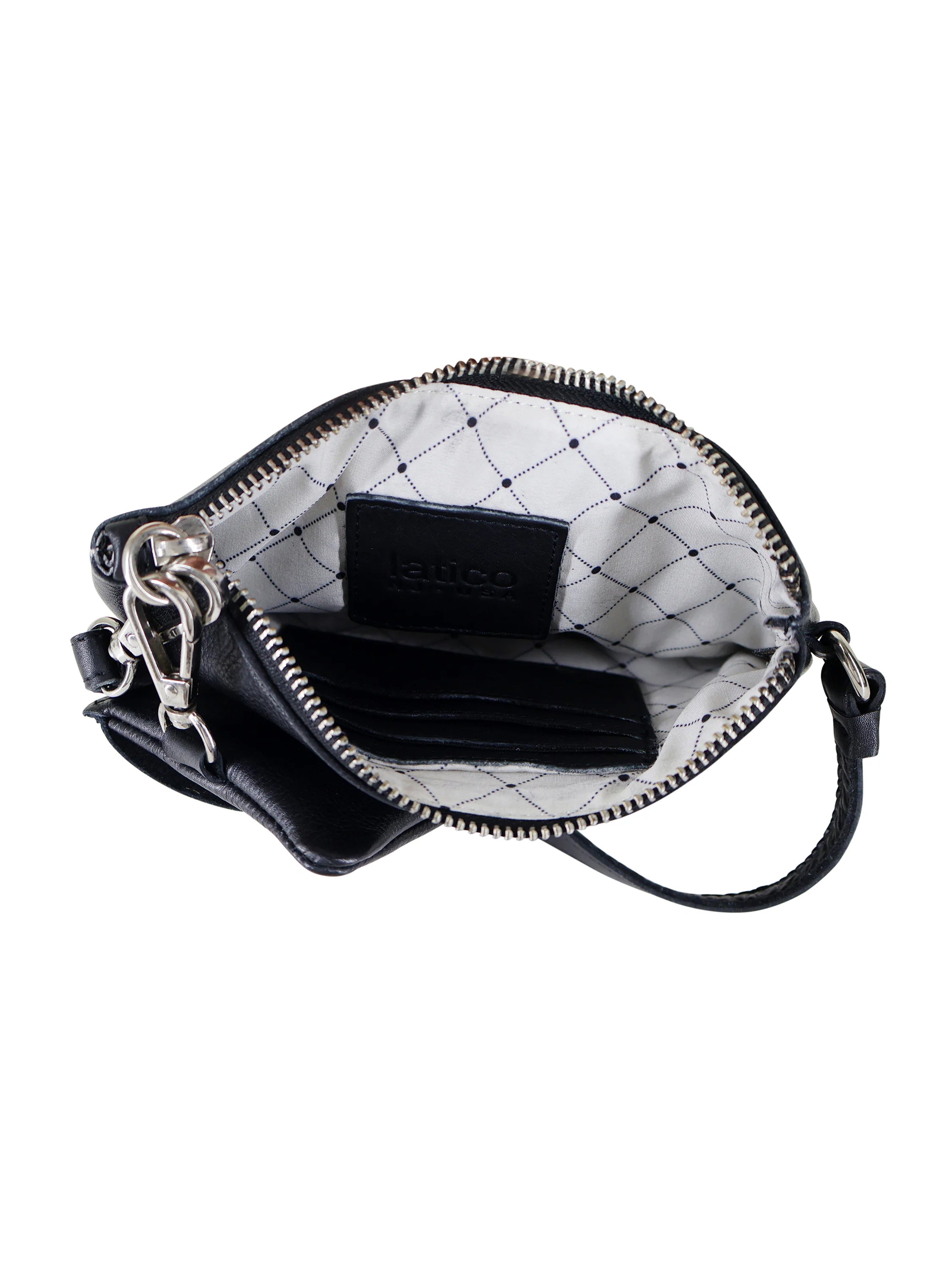Black leather pouch, silver zipper & hardware. Off-white interior w/diamond pattern.  Includes small interior pockets.