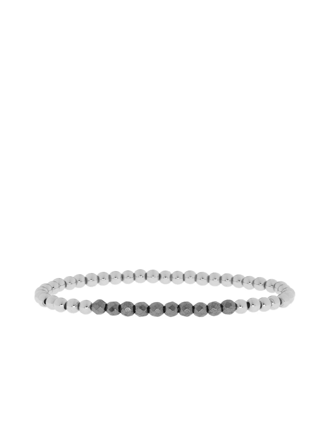 Silver round beaded bracelet with a central segment of darker, faceted hema beads.