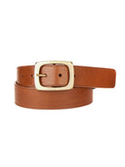 Brown leather belt with gold rectangular buckle.