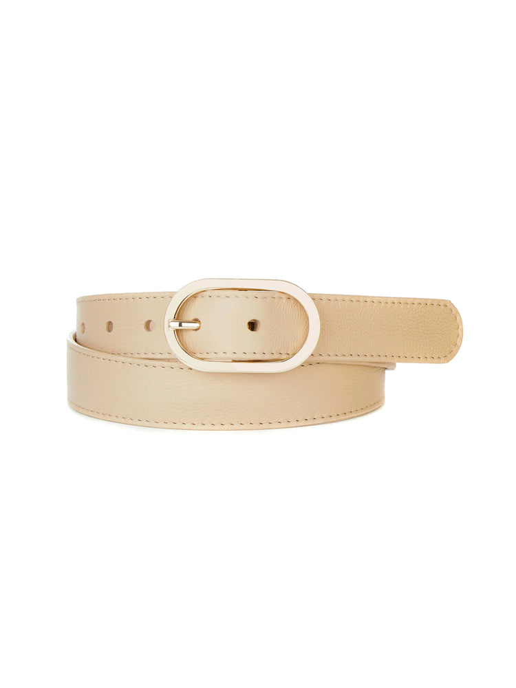 Beige leather belt with a gold oval buckle.  Stitching detail visible.