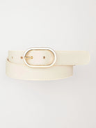 Off-white leather belt with gold oval buckle.