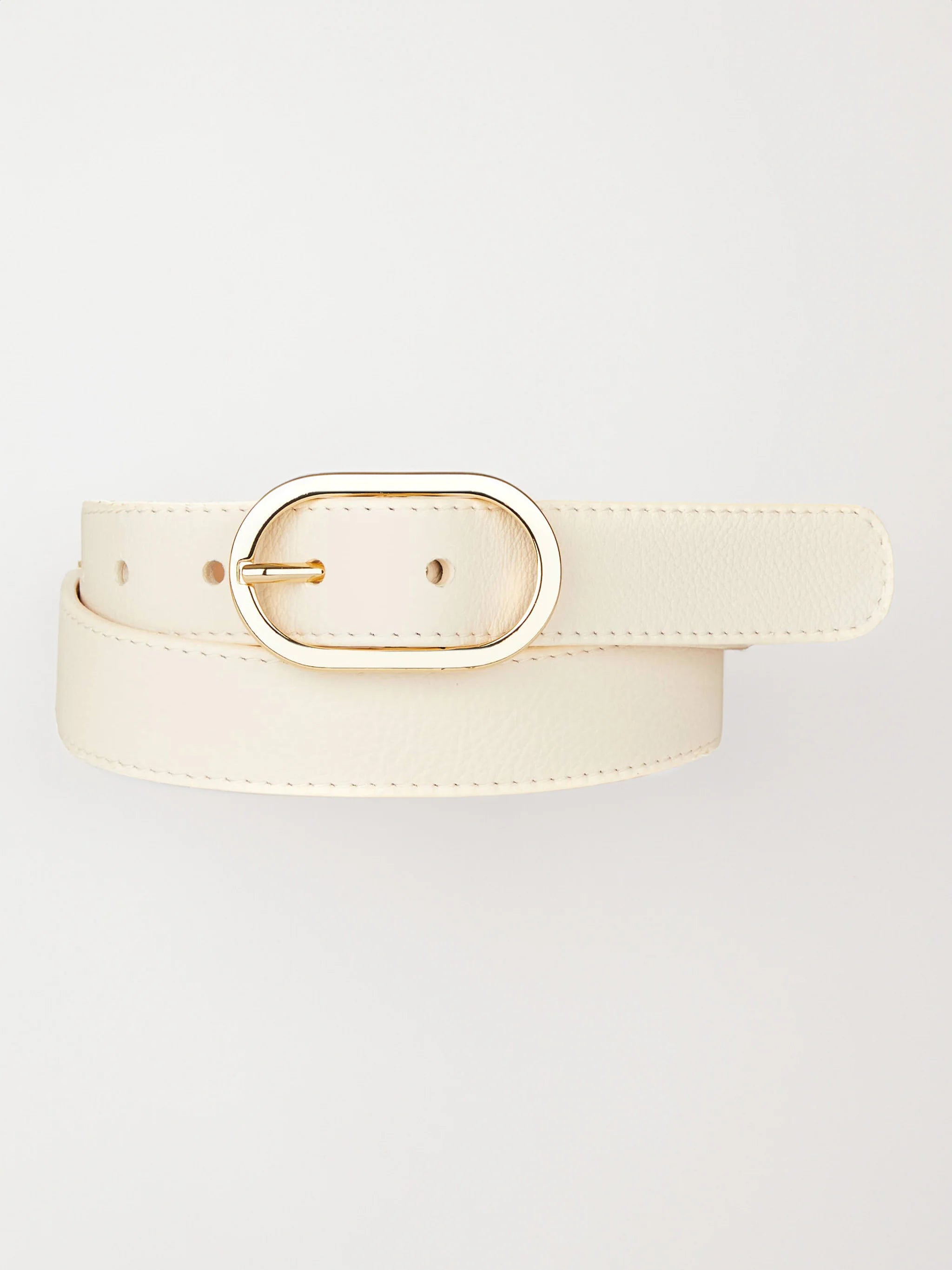 Off-white leather belt with gold oval buckle.