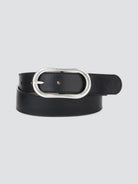 Black leather belt with a silver oval buckle.
