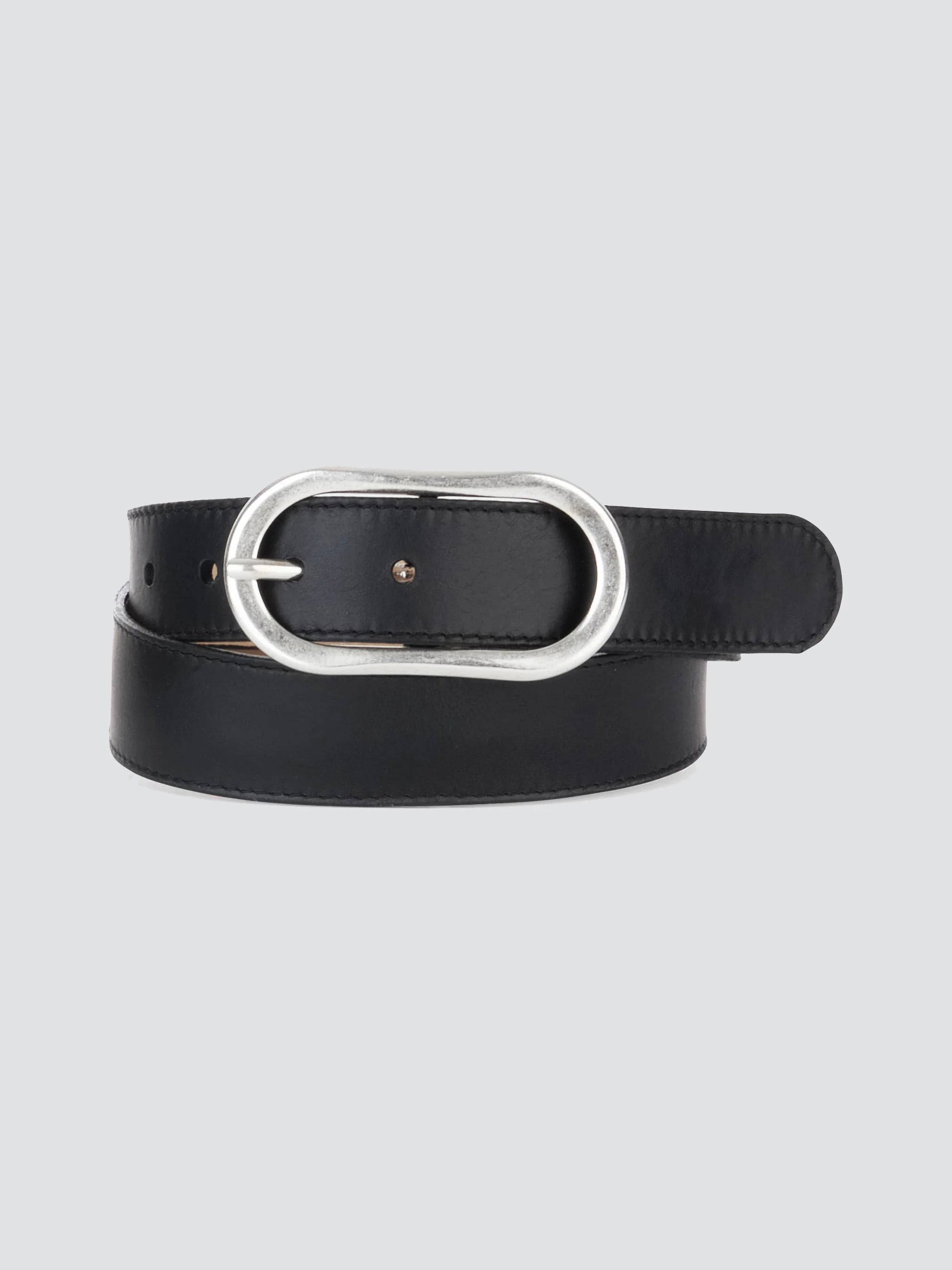 Black leather belt with a silver oval buckle.