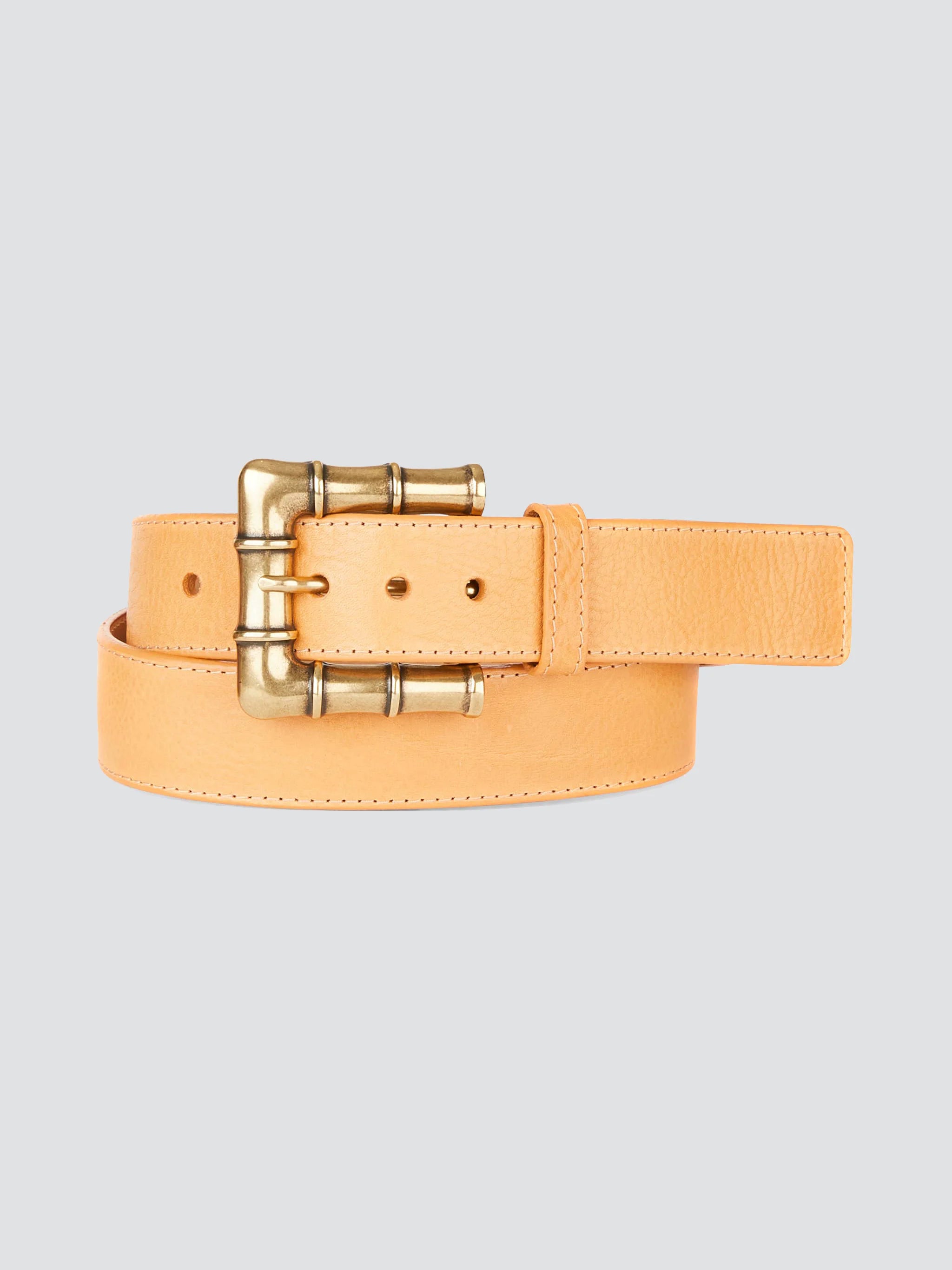 Beige leather belt with gold bamboo-shaped buckle.