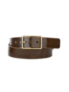 Brown leather belt with gold rectangular buckle.  Belt is rolled.