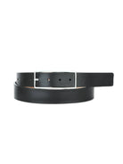 Black leather belt with silver rectangular buckle.