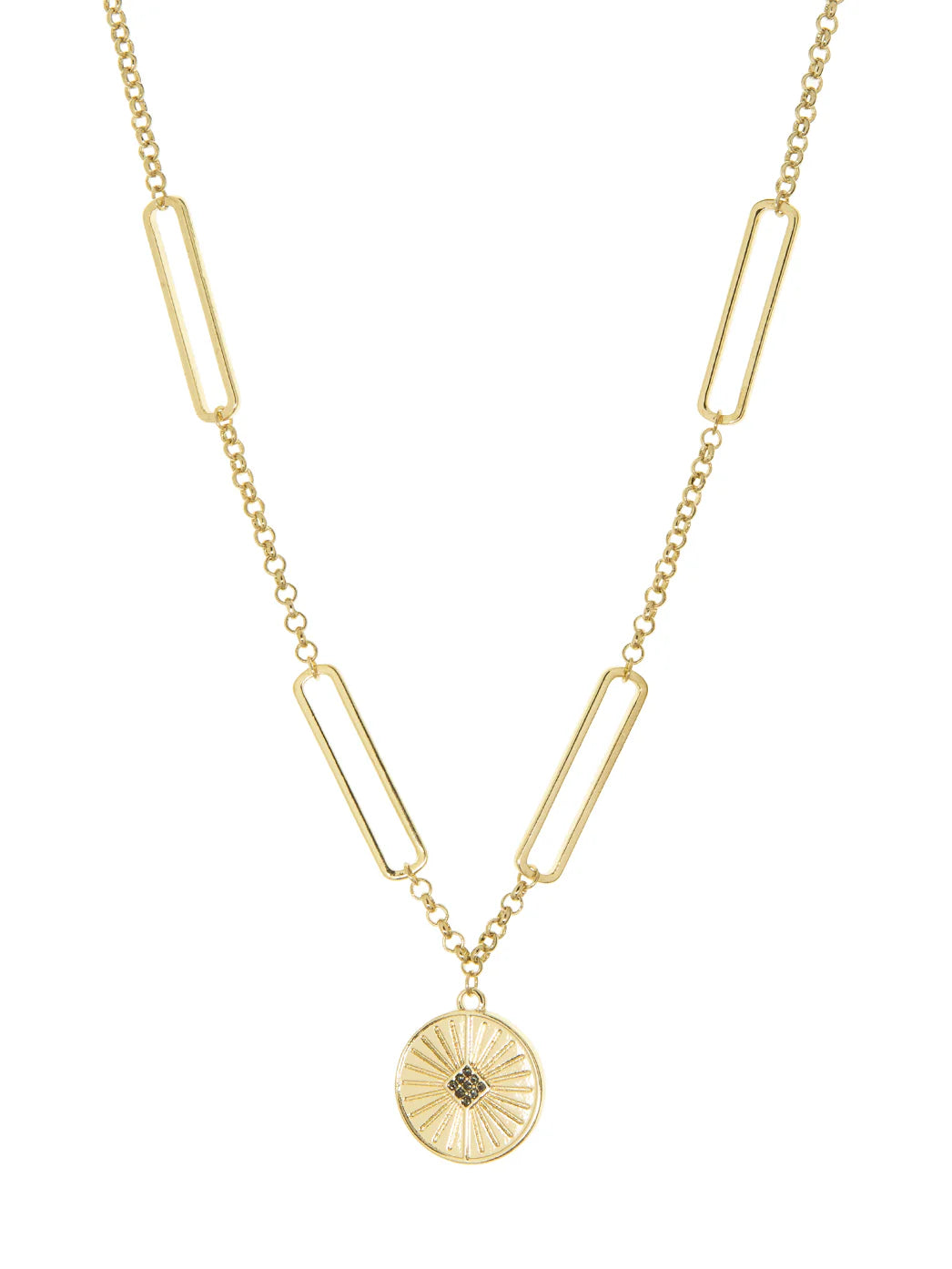 Gold chain necklace with rectangular bar links. Round disc pendant features radial lines and a black square stone cluster.