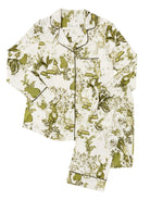 Cream long-sleeve pajama set with olive green woodland animal and mushroom print. Features dark piping on edges.