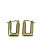A pair of shiny gold small rectangular huggie hoop earrings.