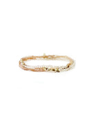 Three-strand wrap bracelet with clear faceted, peachy-pink, and gold bar beads.