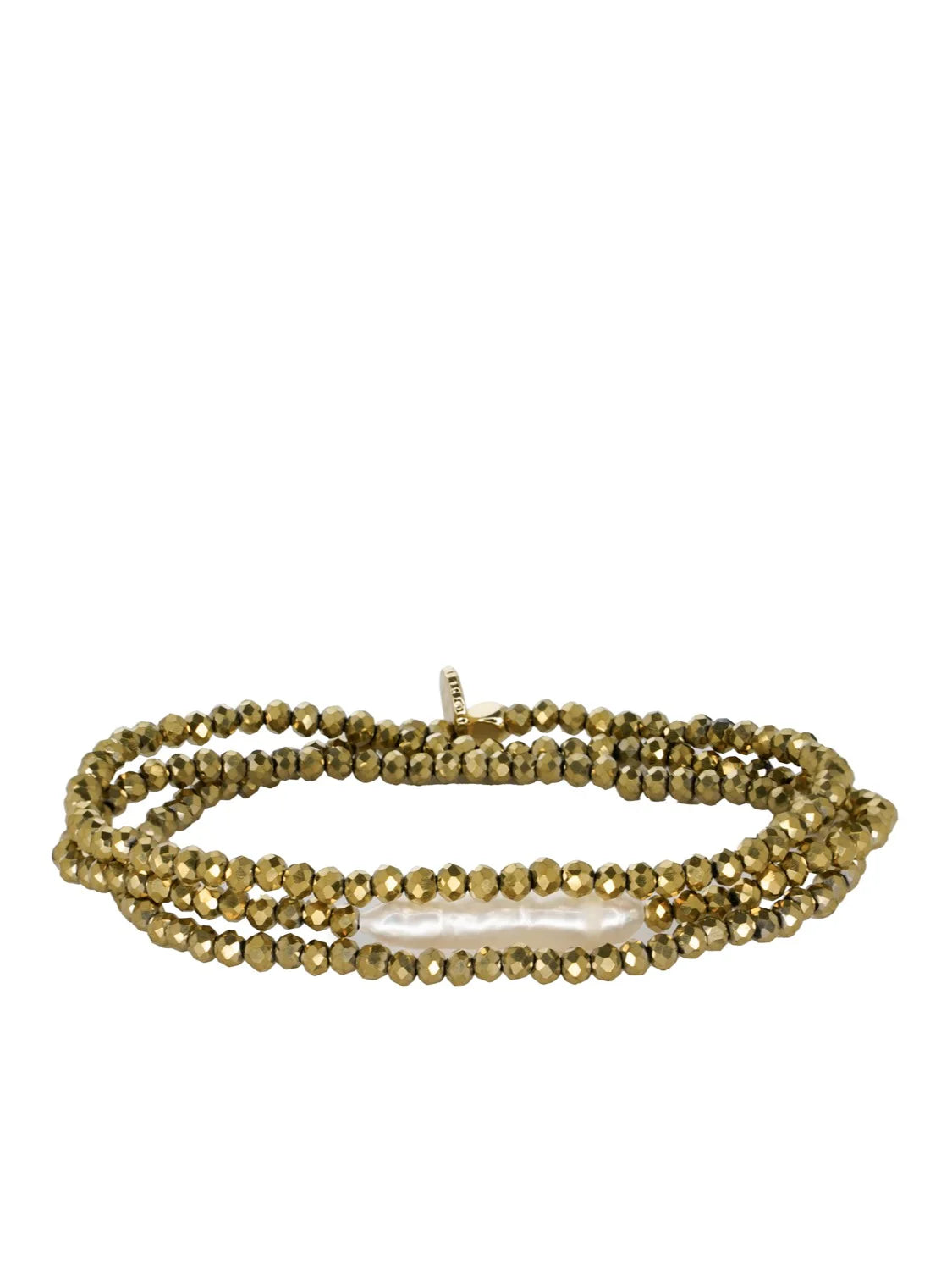 Multi-strand dark gold faceted bead bracelet with a central elongated cream pearl.