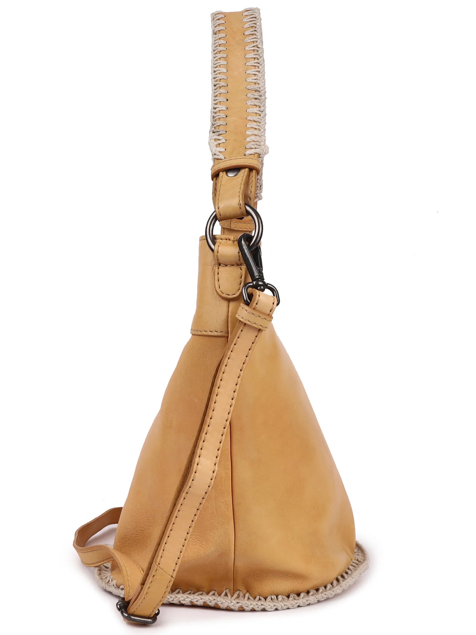 Tan leather hobo bag with off-white crocheted trim along top and bottom edges.  Features a short top handle and long...