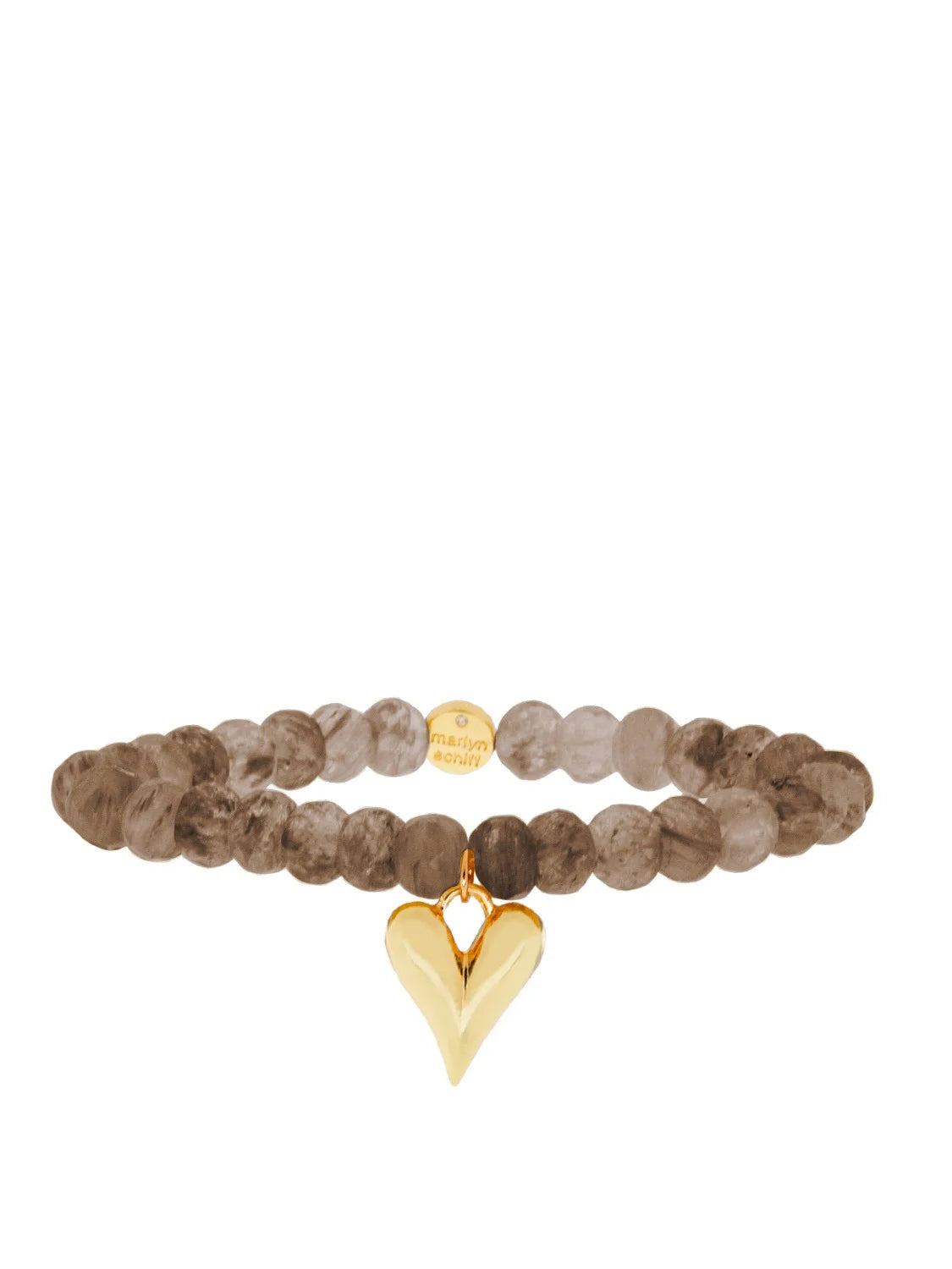 Bracelet of mottled mocha quartz beads with a polished gold heart charm.