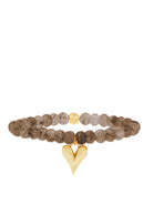 Bracelet of mottled mocha quartz beads with a polished gold heart charm.