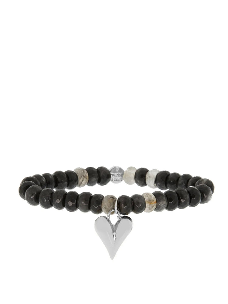 Beaded bracelet with dark faceted mocha-toned beads and mottled grey beads, featuring a shiny silver heart charm.