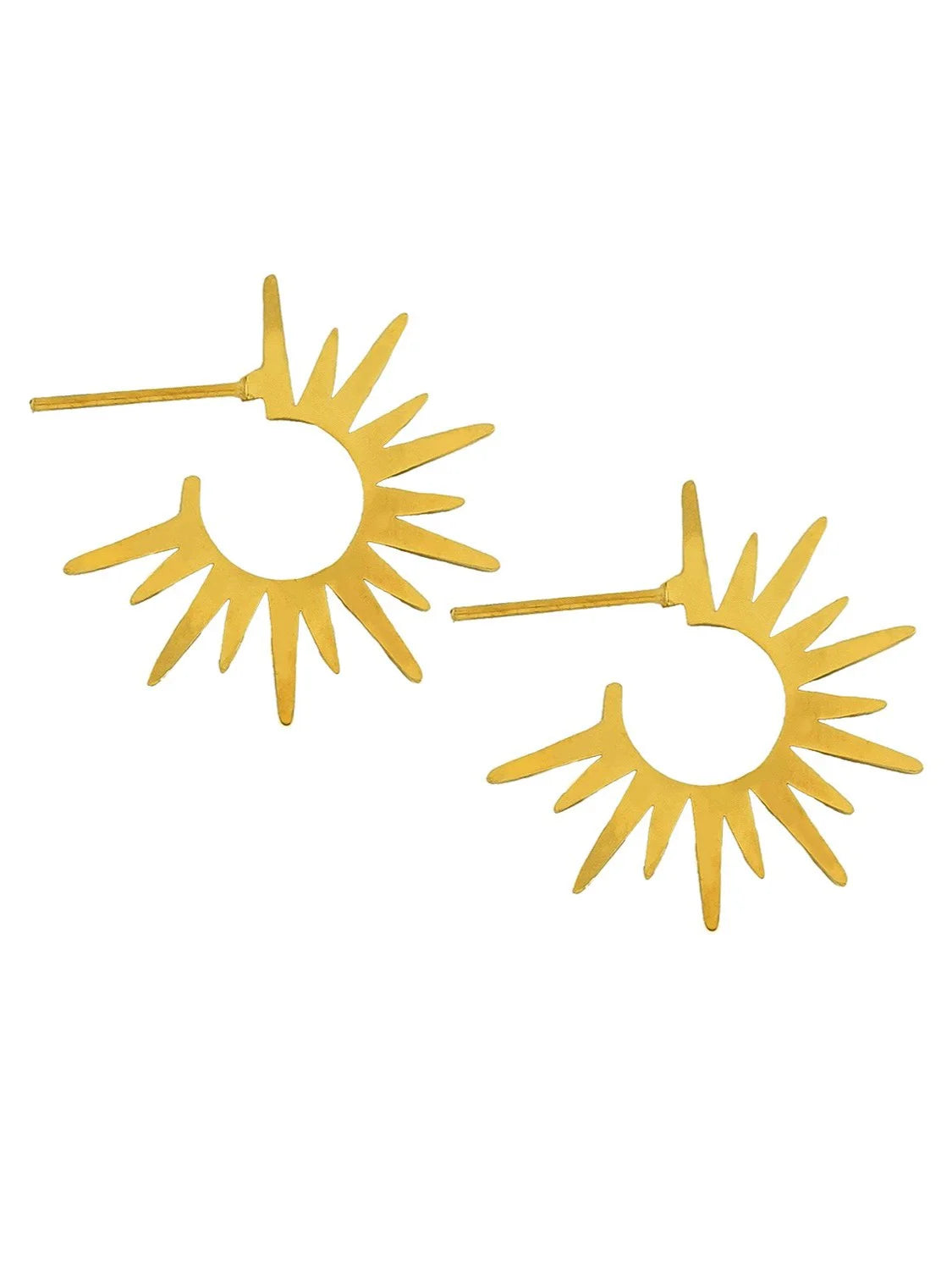 Pair of matte gold starburst hoop earrings with radiating pointed rays and an ear post.
