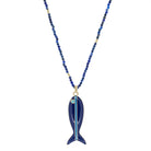 Dark blue beaded necklace with gold accents, featuring a dark blue enamel fish pendant with a light blue stripe and...