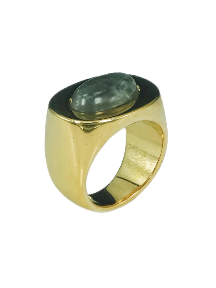 Gold-tone wide ring with a smooth, oval grey-green stone.