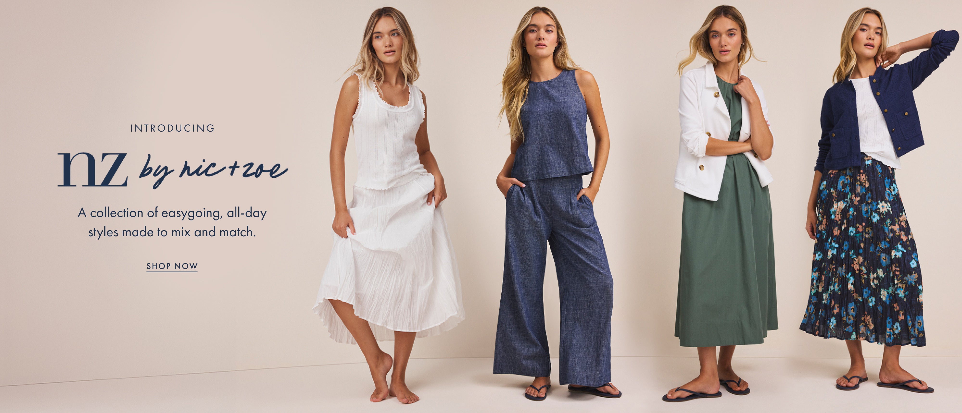 Promotional banner for NZ by nic+zoe clothing collection with model and product images.